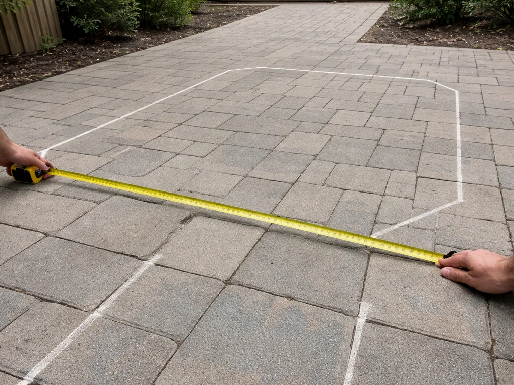 Tape measure laid over a patio with a marked gazebo footprint and clear access paths