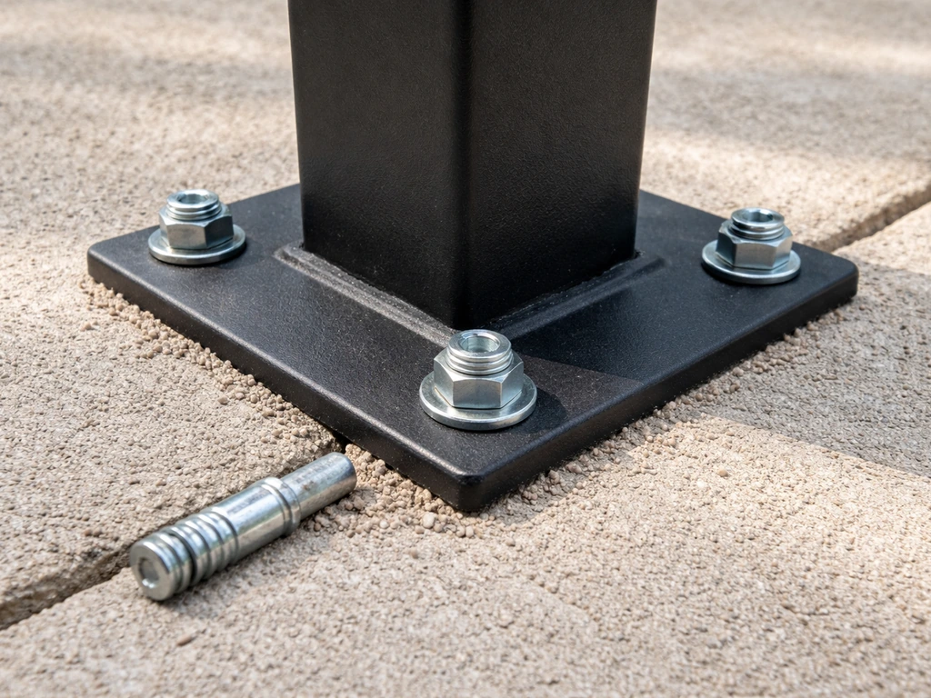 Close-up of sleeve anchors securing a gazebo post base to a patio concrete surface