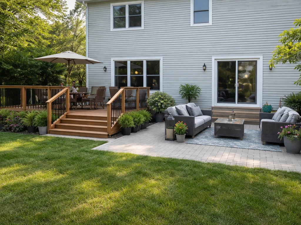 Backyard with a wooden deck on one side and a paved patio on the other, shown in natural light.