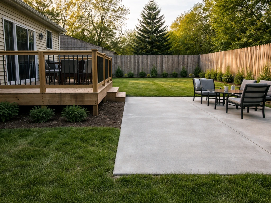 Front-facing view of a home showing adjacent deck and patio side by side in natural light.