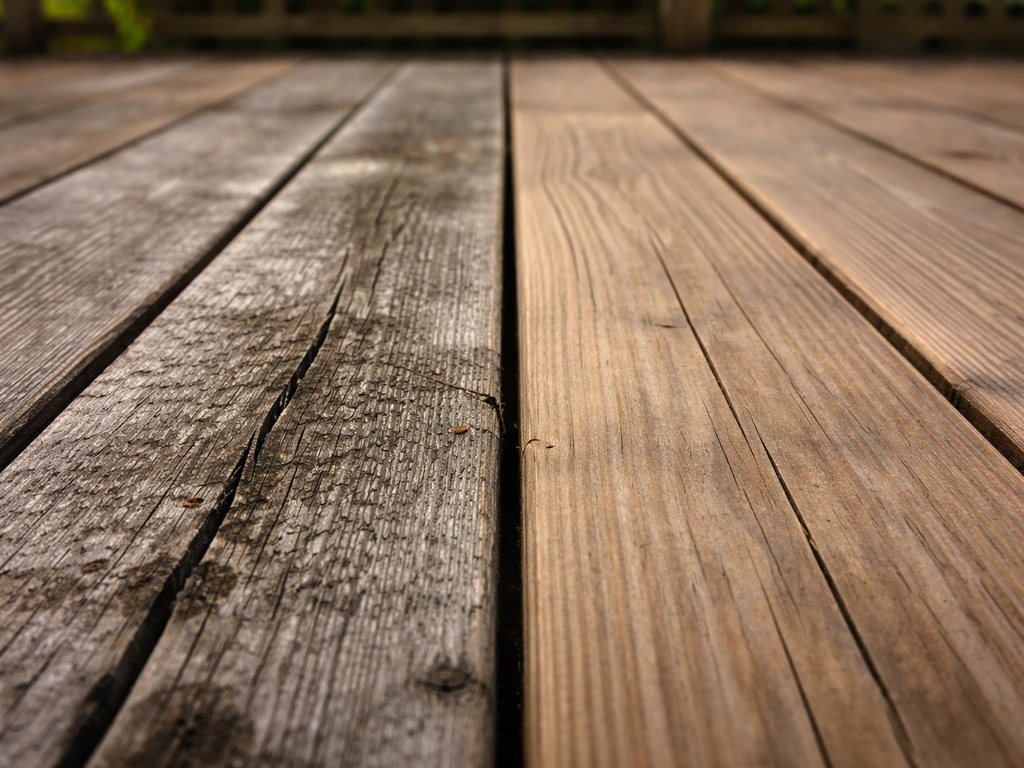 Close-up of two adjacent deck boards: one cracked and stained, the other clean and well-kept.