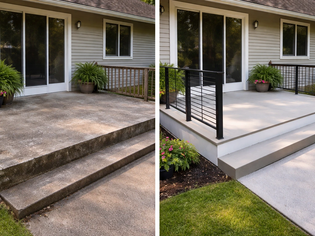 Split before-and-after of a weathered patio and an upgraded, level, refreshed deck railing area.