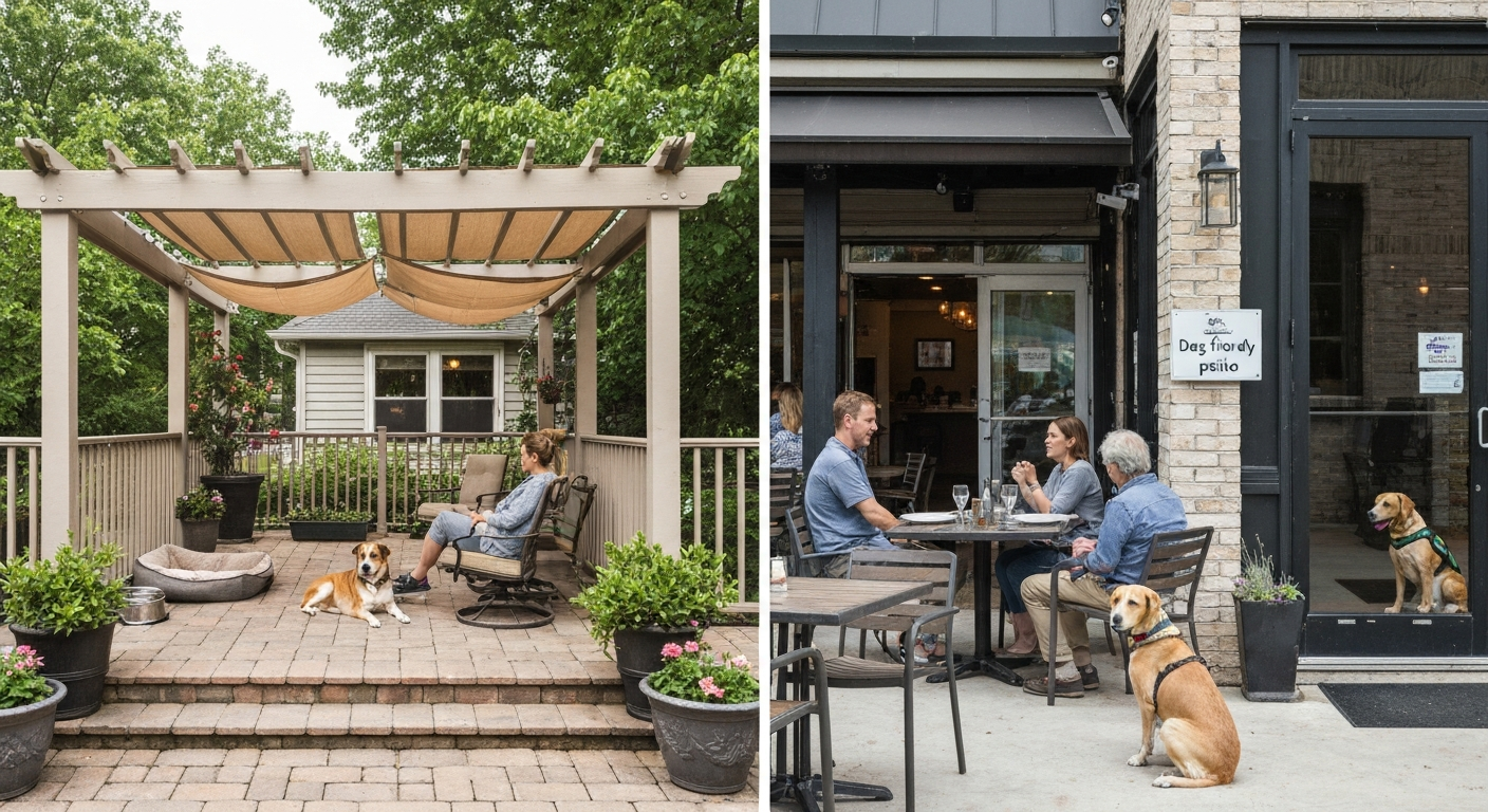 Split photorealistic scene: dog on a home patio and a dog on a restaurant patio with a 'Dog-friendly patio' sign.