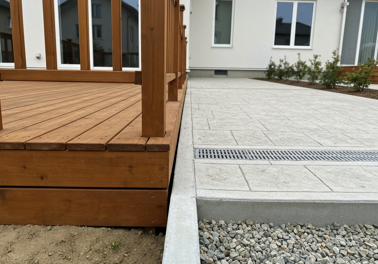 Side-by-side wooden deck and concrete patio in the same backyard under natural light.