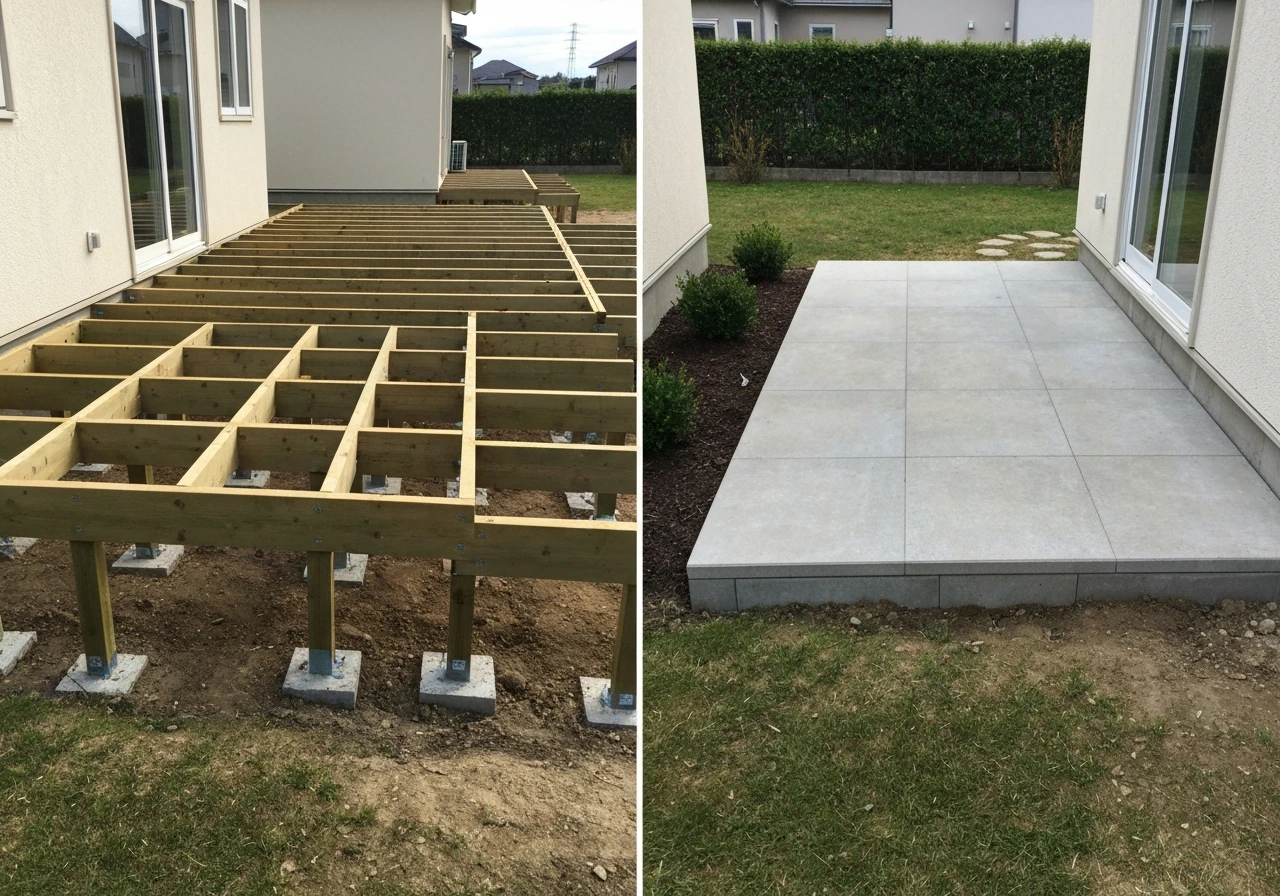 House-attached deck frame with joists and posts beside a flush, ground-level patio surface.