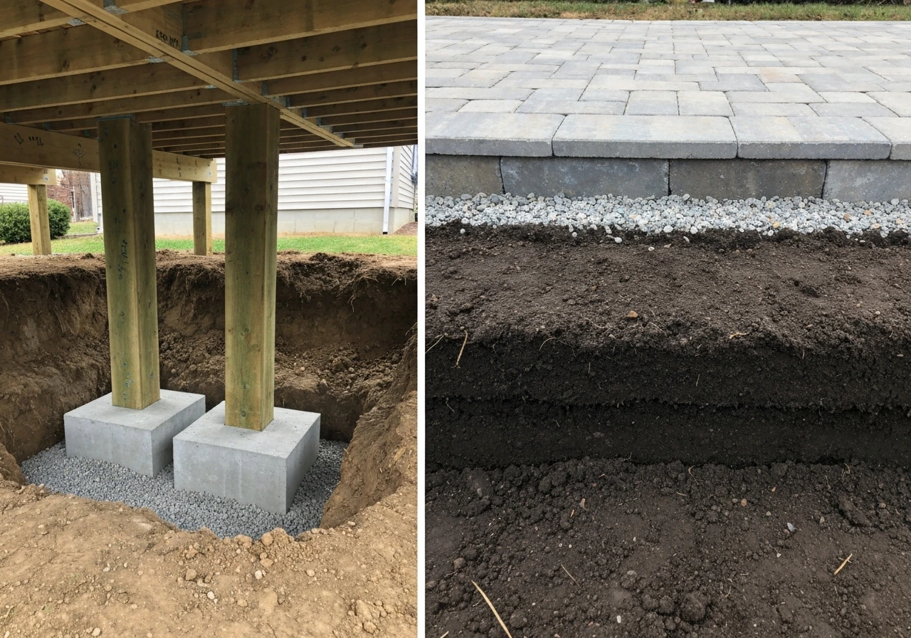 Split-view photo showing deck posts on concrete footings beside a compacted at-ground patio base.