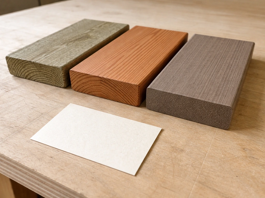 Closeup of pressure-treated, cedar, and composite decking samples on a workbench with a blank card nearby.