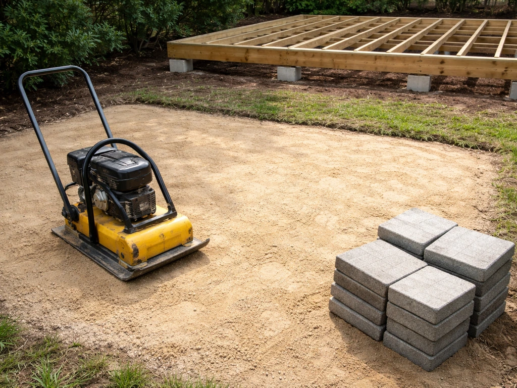 Plate compactor and pavers on a flat yard with leveling sand, hinting at DIY patio versus deck work