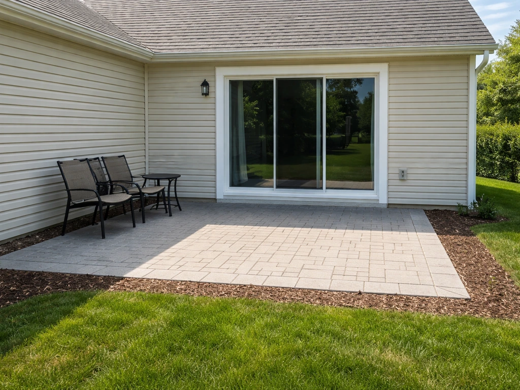 Uncovered patio with pavers directly adjoining the back of a house, showing outdoor space vs home area.