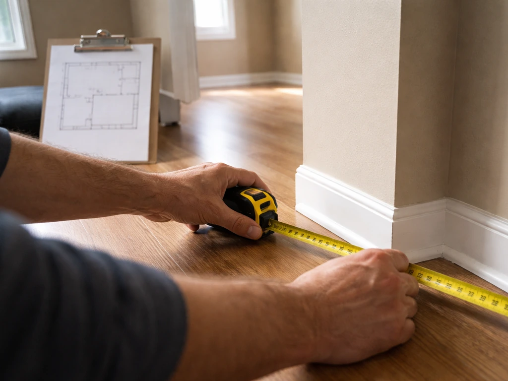 Appraiser measuring finished living space near exterior walls with tape measure and floor plan sheet