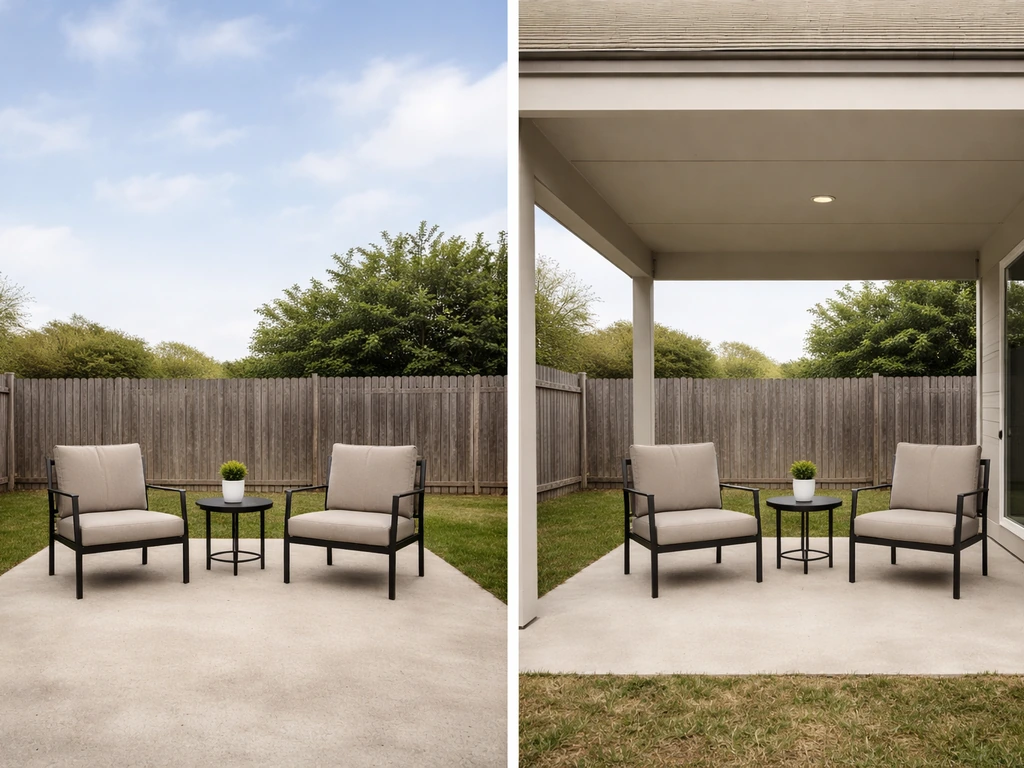 Side-by-side uncovered vs covered patio areas with outdoor seating, showing roof presence vs open sky.
