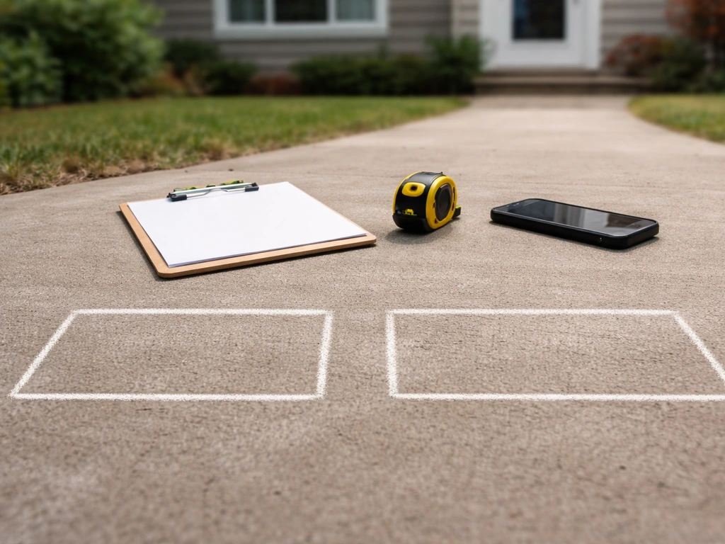 Appraiser desk on a patio with tape measure and two empty outlines representing interior vs outdoor area.