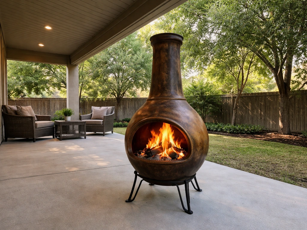 Covered patio with a chiminea centered in frame, showing safe clearance under the roof.