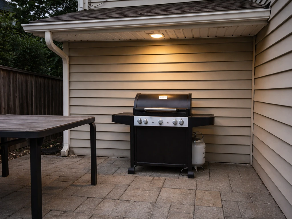 Empty outdoor patio with low overhead cover and tight clearance, suggesting a risky setup