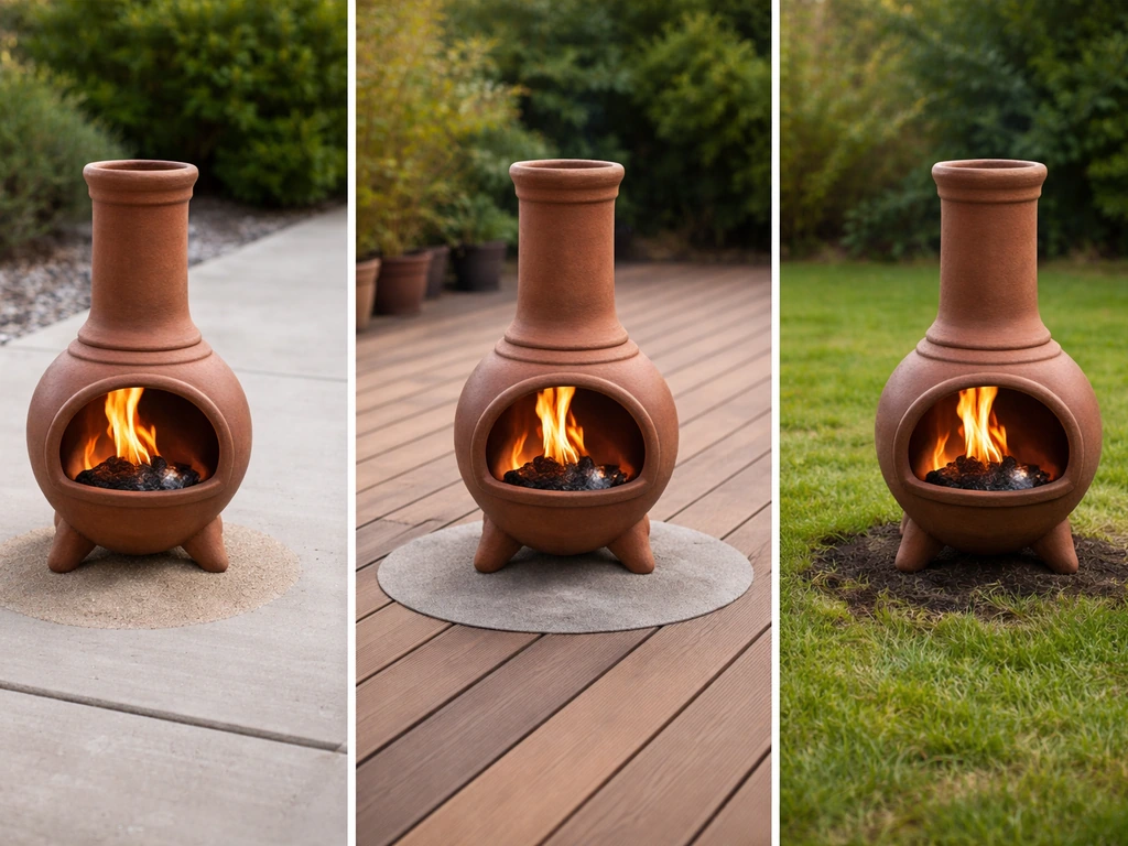 Three chimineas on concrete, a wood deck, and grass, showing safer versus unsafe placement.