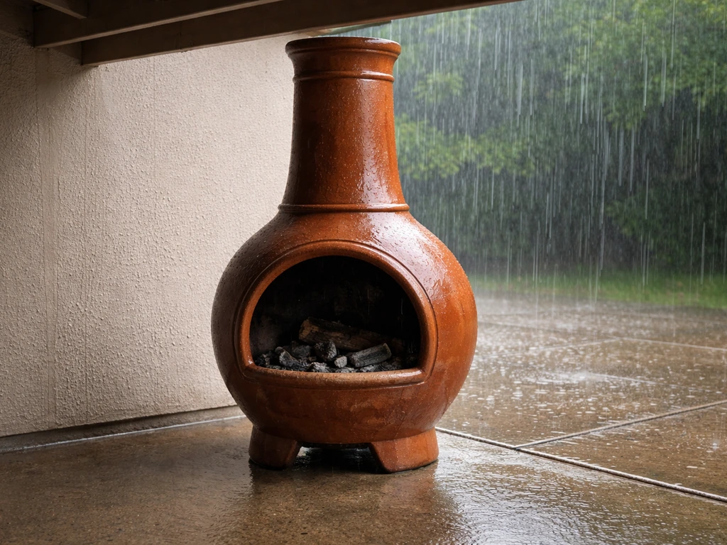 Terracotta chiminea on a patio showing rain on the exposed side and drier area under the cover.
