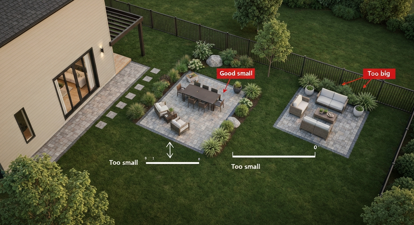3D rendered backyard showing correctly sized patio alongside examples labeled 'Too small' and 'Too big', with scale bar and annotations.