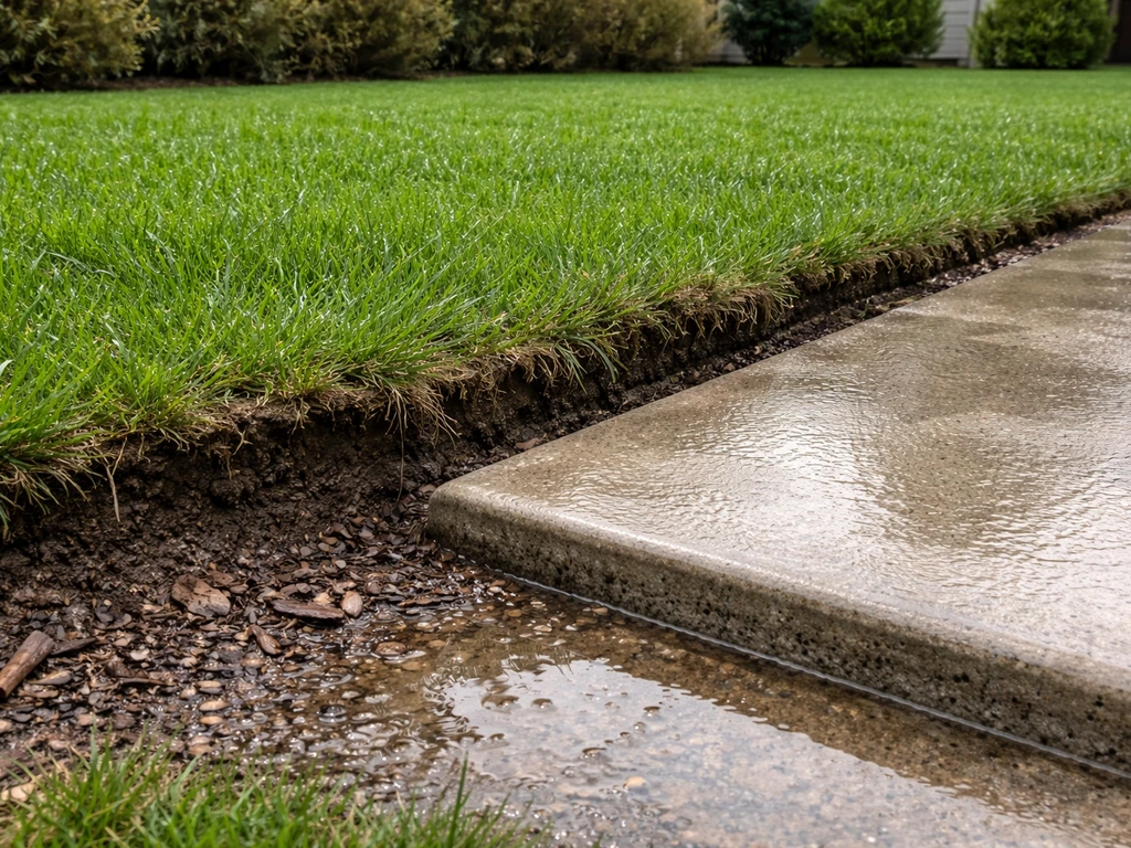 Lawn higher than patio with slight grade step and damp pooled water near the patio edge