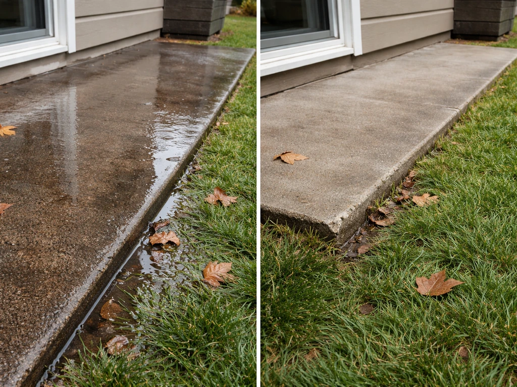 Patio edge with wet pooling and a raised step where the lawn is too high and creates a trip hazard.
