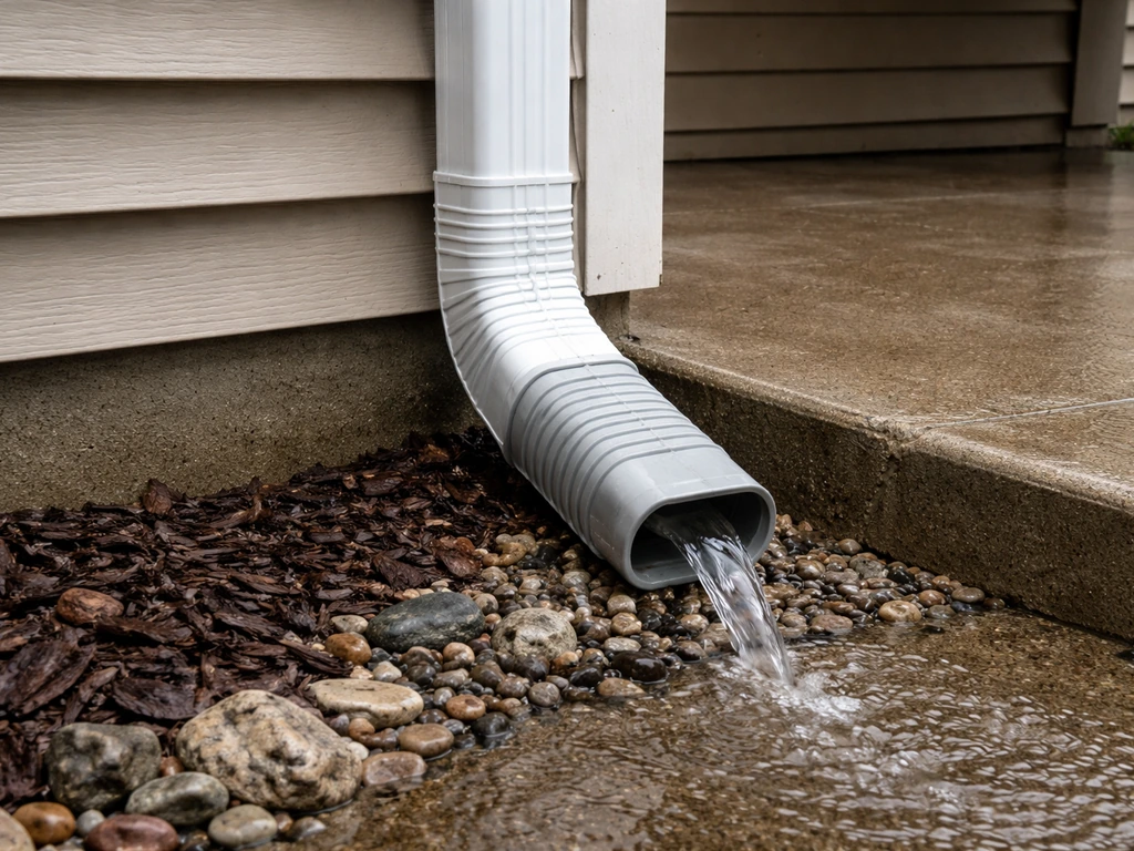 Close-up of a downspout extension redirecting rainwater away from a patio edge