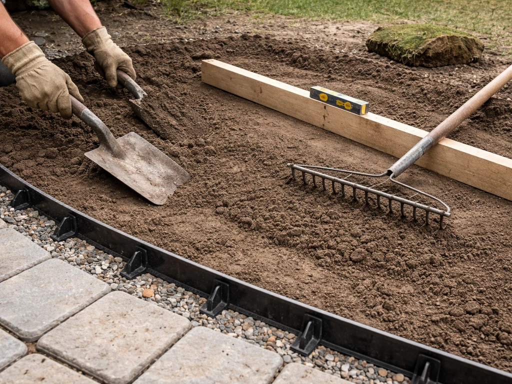 Gloved hands spade and rake compacted soil, checking slope with a straightedge near an intact patio edge restraint.
