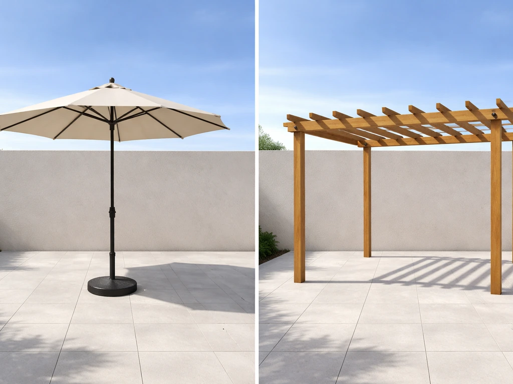 Left side shows a deployed patio umbrella; right side shows pergola posts and beams on a patio.