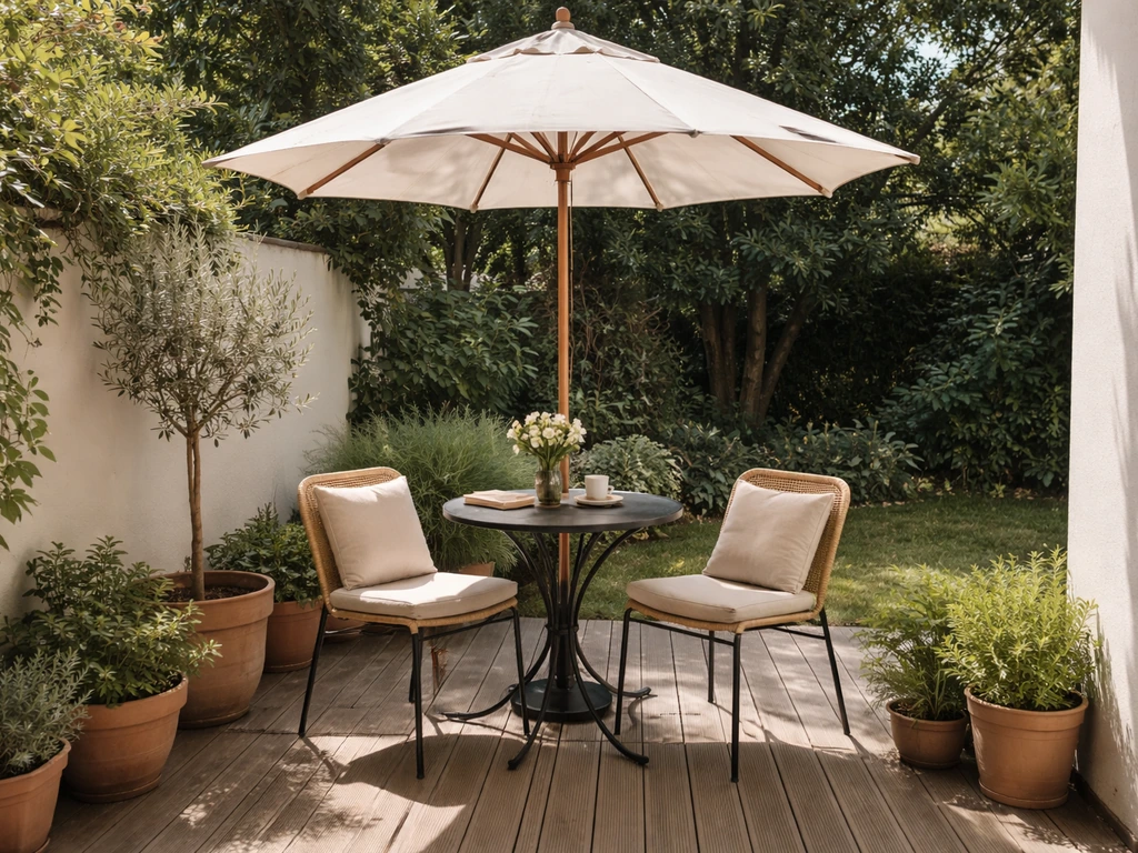Umbrella shading a small outdoor dining set on a compact patio with warm natural light.