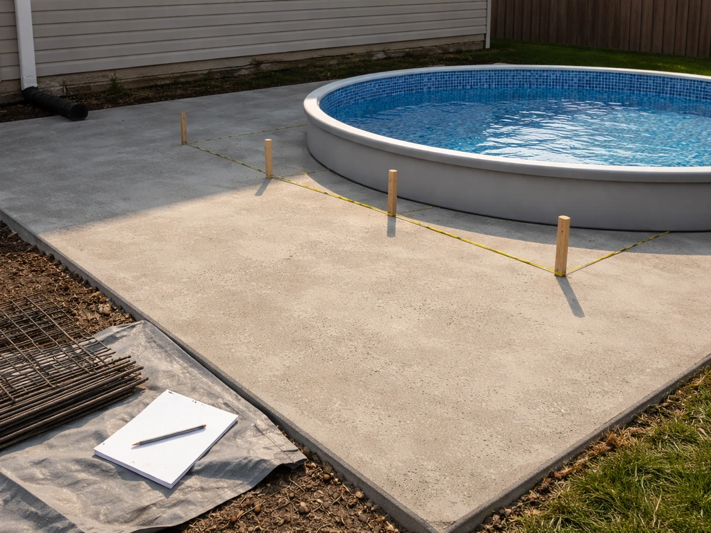 Backyard patio slab with an above-ground pool staged at the edge, showing simple measurement stakes and reinforcement no