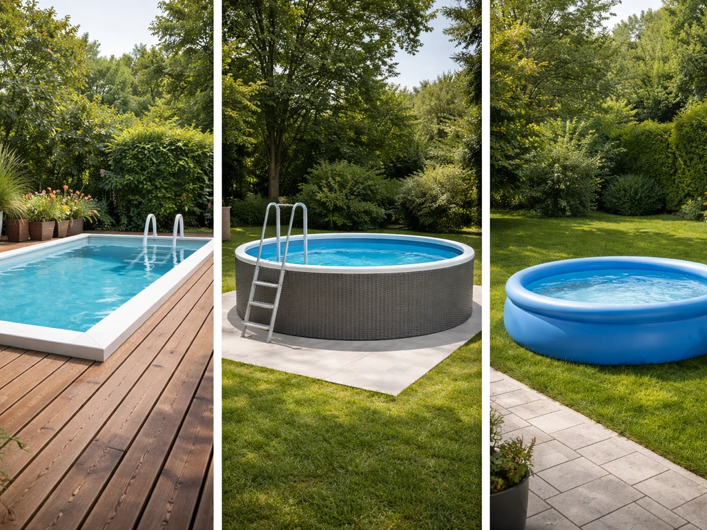 Three small backyard pool setups: on deck edge, above-ground on concrete slab, and a temporary soft-sided pool.