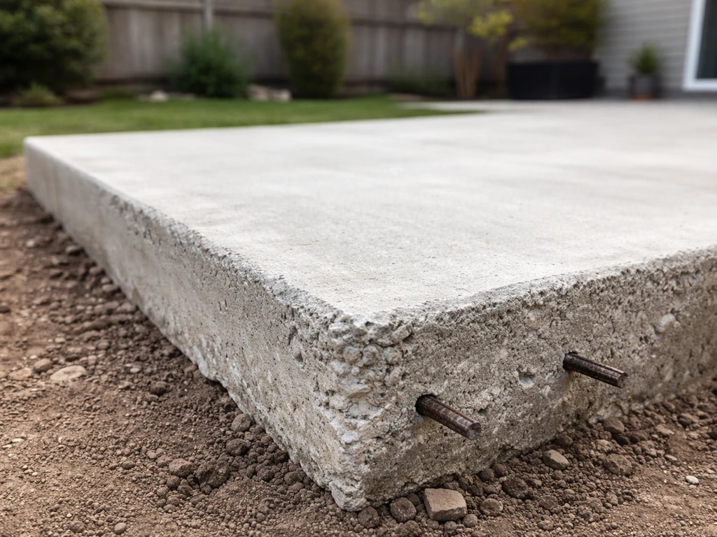 Close-up of a concrete patio slab edge with subtle exposed rebar to indicate thickness and reinforcement.