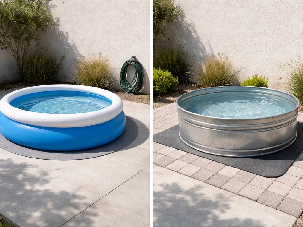 Two small patio-friendly pools side-by-side on concrete slab and on pavers with protective pads