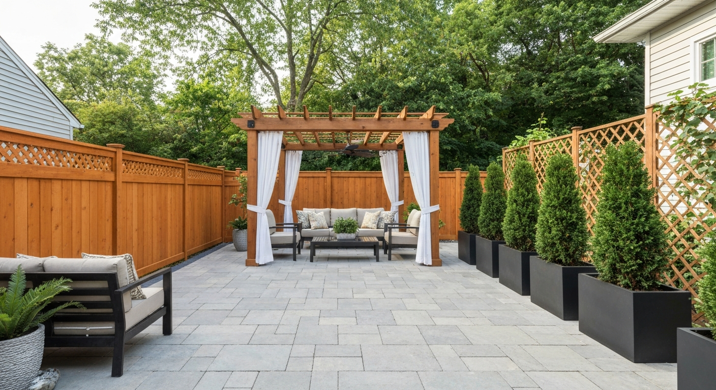 Backyard patio showing a wood fence, pergola with curtains, tall planters, and trellis as privacy solutions.