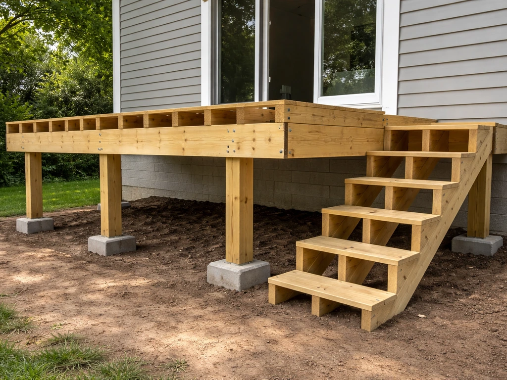 Minimal view of a deck under construction showing joists, support posts, and a ledger attachment to a house