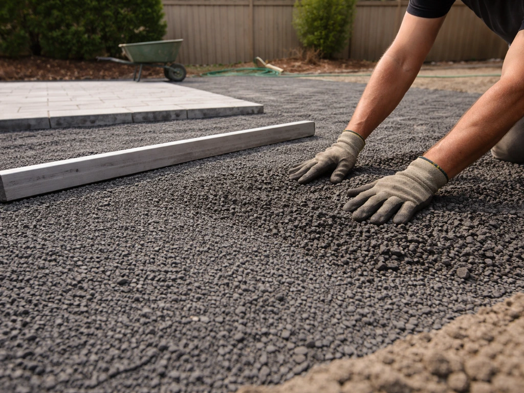 Anonymous worker smoothing compacted gravel for a ground-level patio as concrete or pavers are installed.