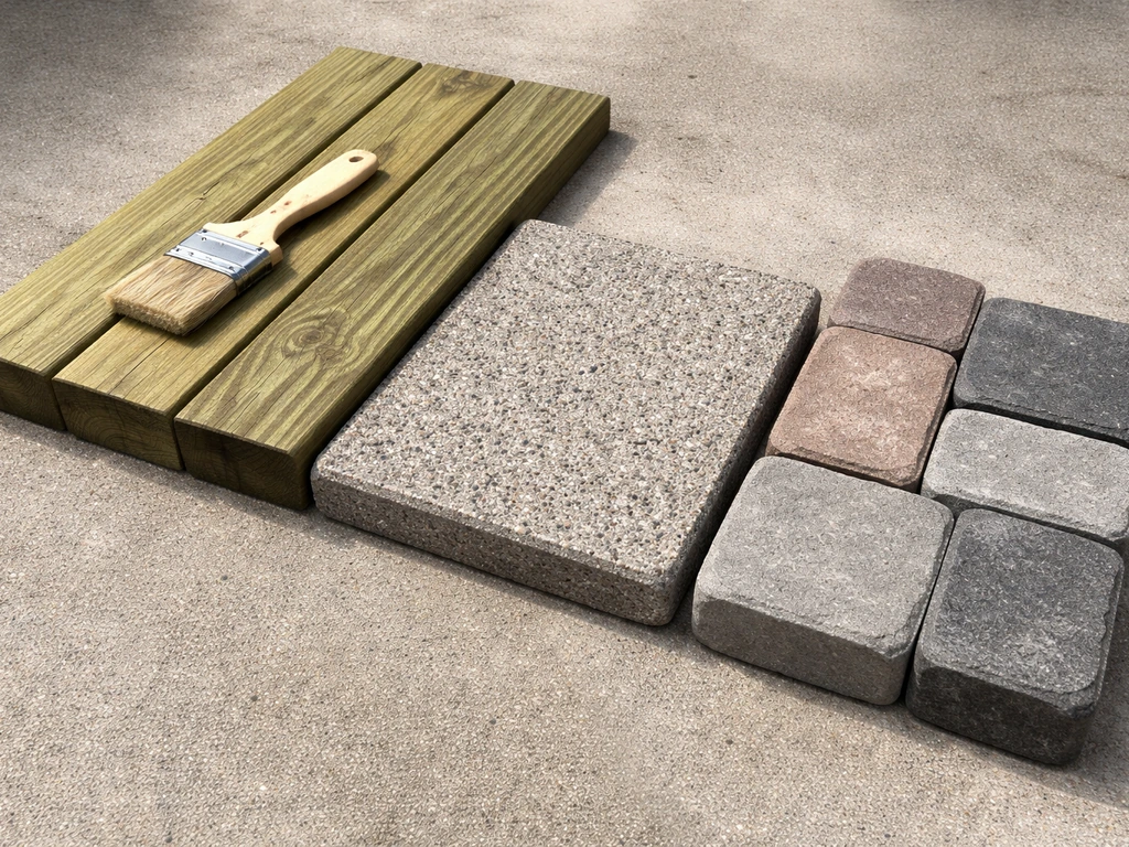 Close-up of pressure-treated deck boards, concrete slab texture, and paver pieces laid side by side.