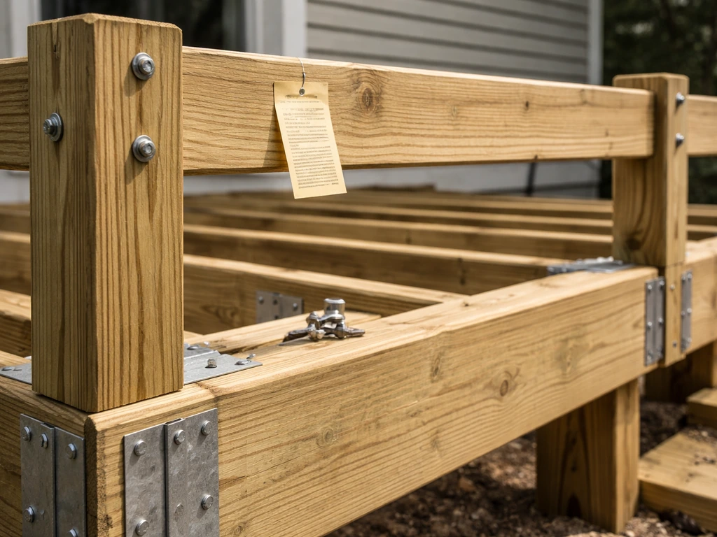 Close-up of deck framing with guard-rail components and a permit-style inspection tag on a beam