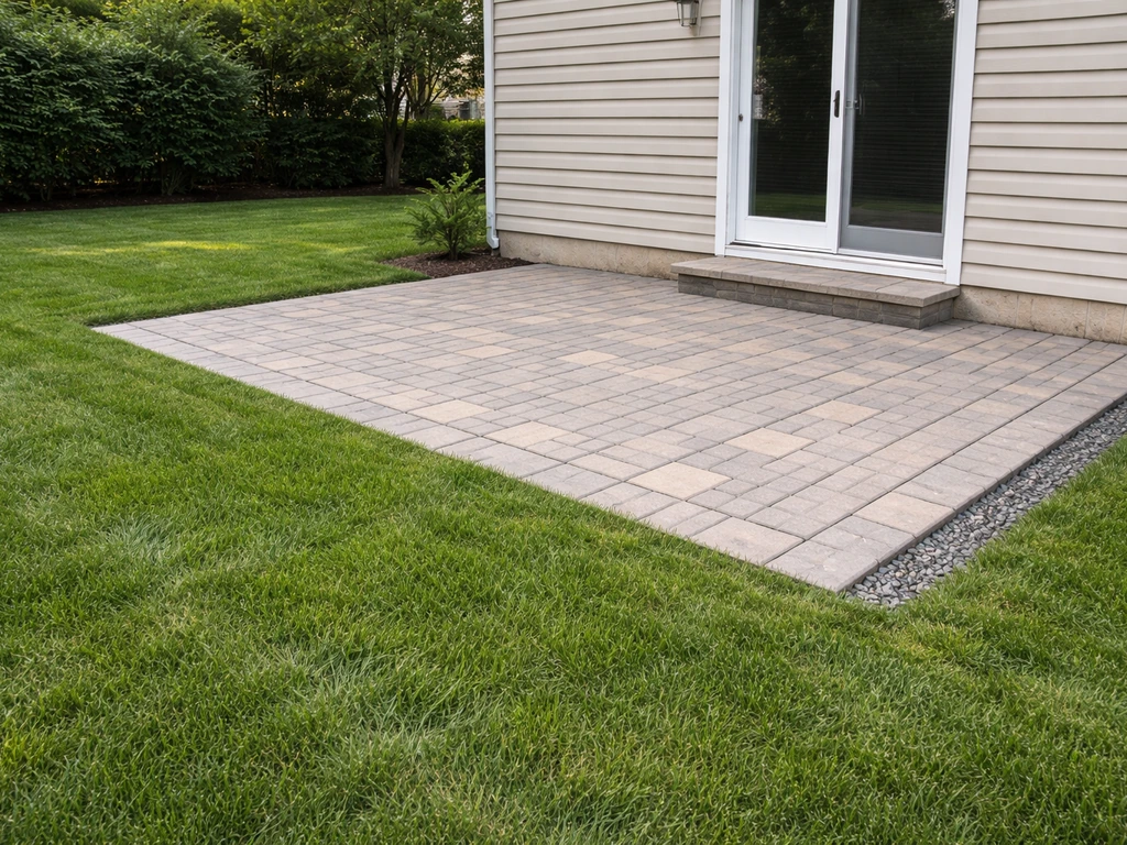 Flat backyard lawn meeting a paver patio with clean edging and subtle drainage/grading details.