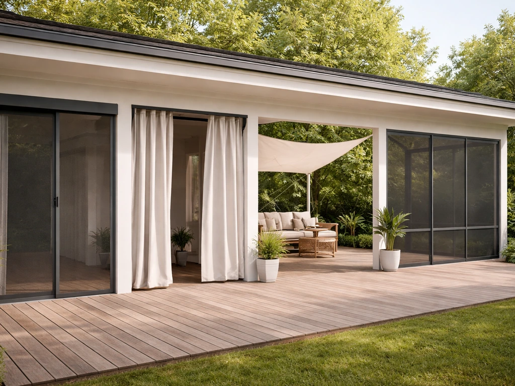 Backyard patio showing four distinct screen alternative setups: retractable mesh, curtains, shade sail, and screened enc