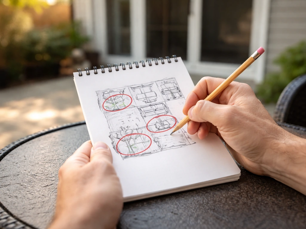 Homeowner marks a simple patio sketch on a notepad, pointing out needs like bugs, shade, and privacy.