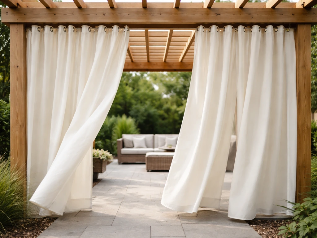 Outdoor curtains on a pergola provide privacy with a curtain-rod track and soft wind movement.