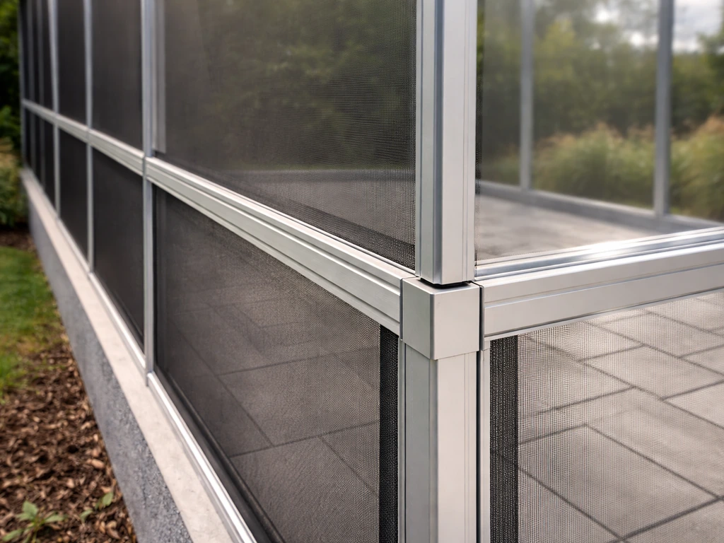Close-up of an aluminum-frame patio screen enclosure with clear polycarbonate panels and premium screening
