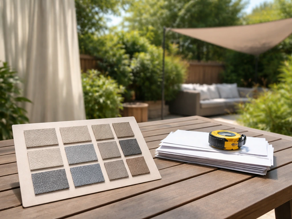 Outdoor patio table with fabric swatches and tape measure, with curtains and a shade sail in soft background.