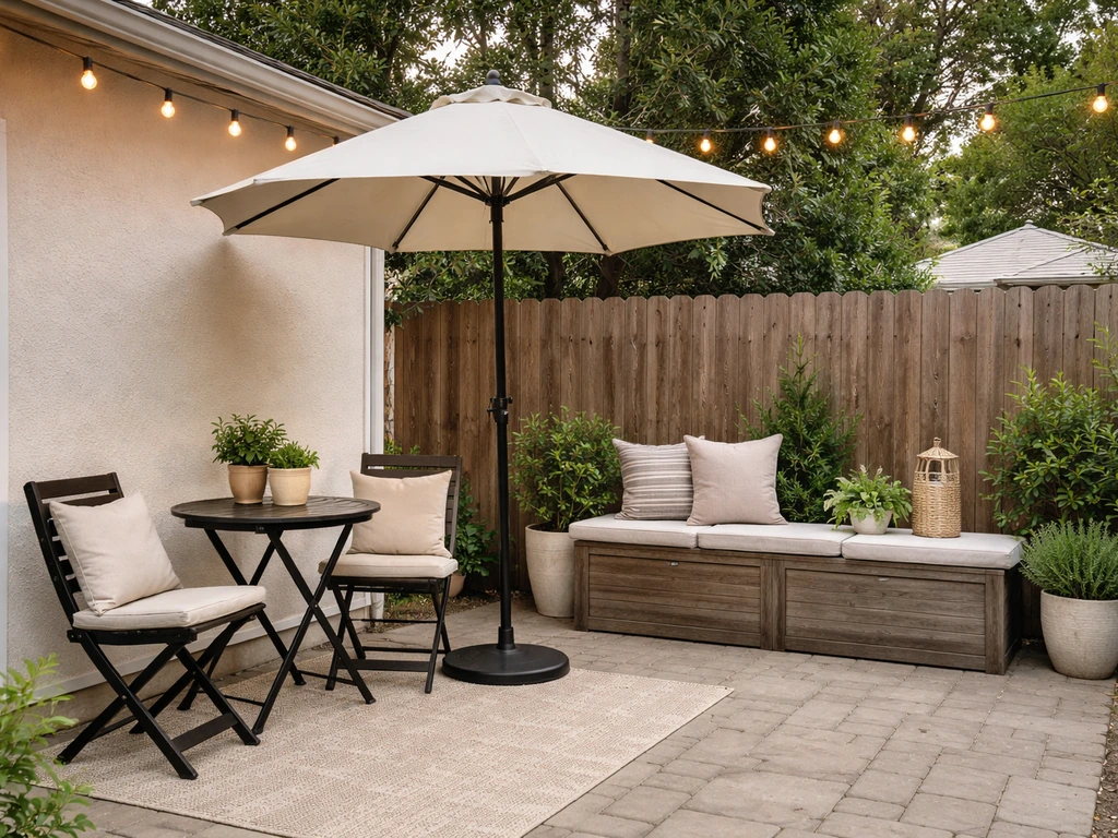 Inviting patio dining setup with umbrella shade, warm string lights, and outdoor storage bench.