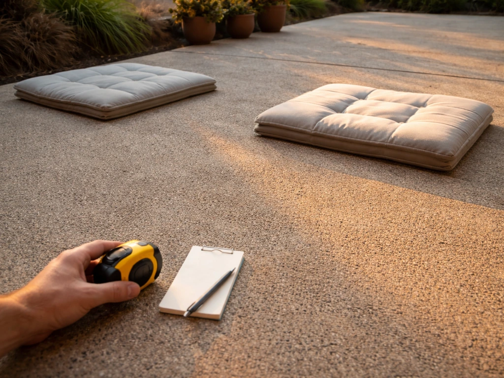 Measuring tape and blank notepad on a patio floor, with simple cues for dining vs lounging layout.