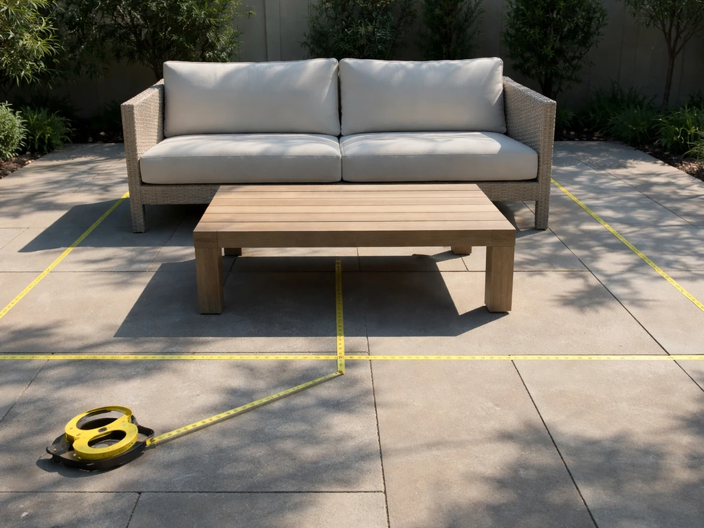 Outdoor seating area with tape measure showing 3-foot clearance around furniture and 18-inch gap to coffee table