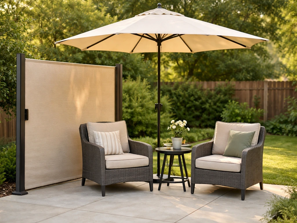 Outdoor patio seating with a deployed umbrella and a side privacy screen beside the chairs.