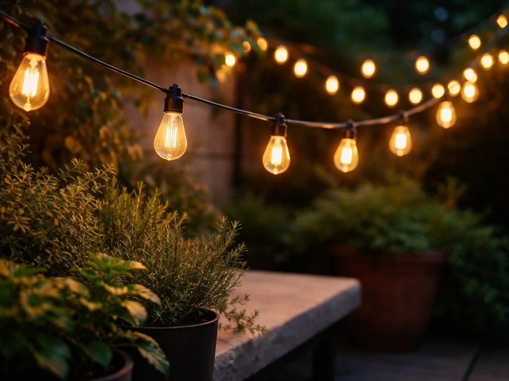 Warm glowing outdoor string lights draped over a patio with green potted plants at dusk.