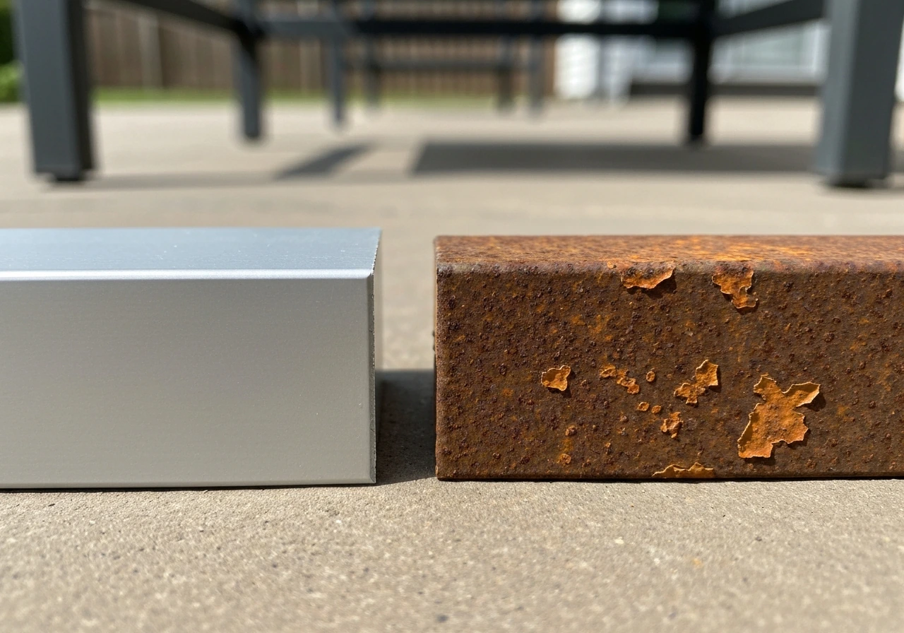Close-up of powder-coated aluminum patio furniture frame next to rust-speckled metal, showing texture and durability.