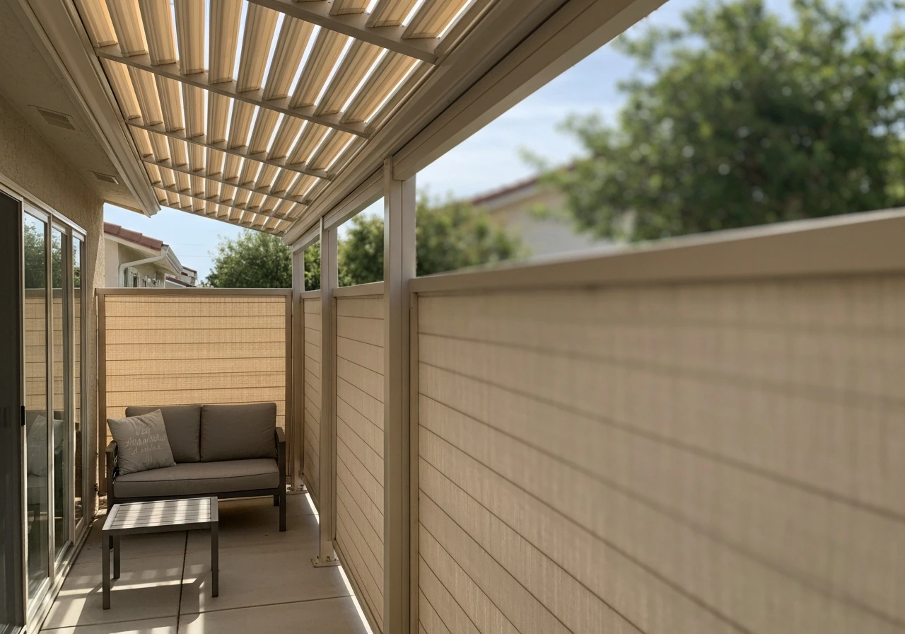 Sunlit patio corner with pergola shade and built-in privacy screening along the border.