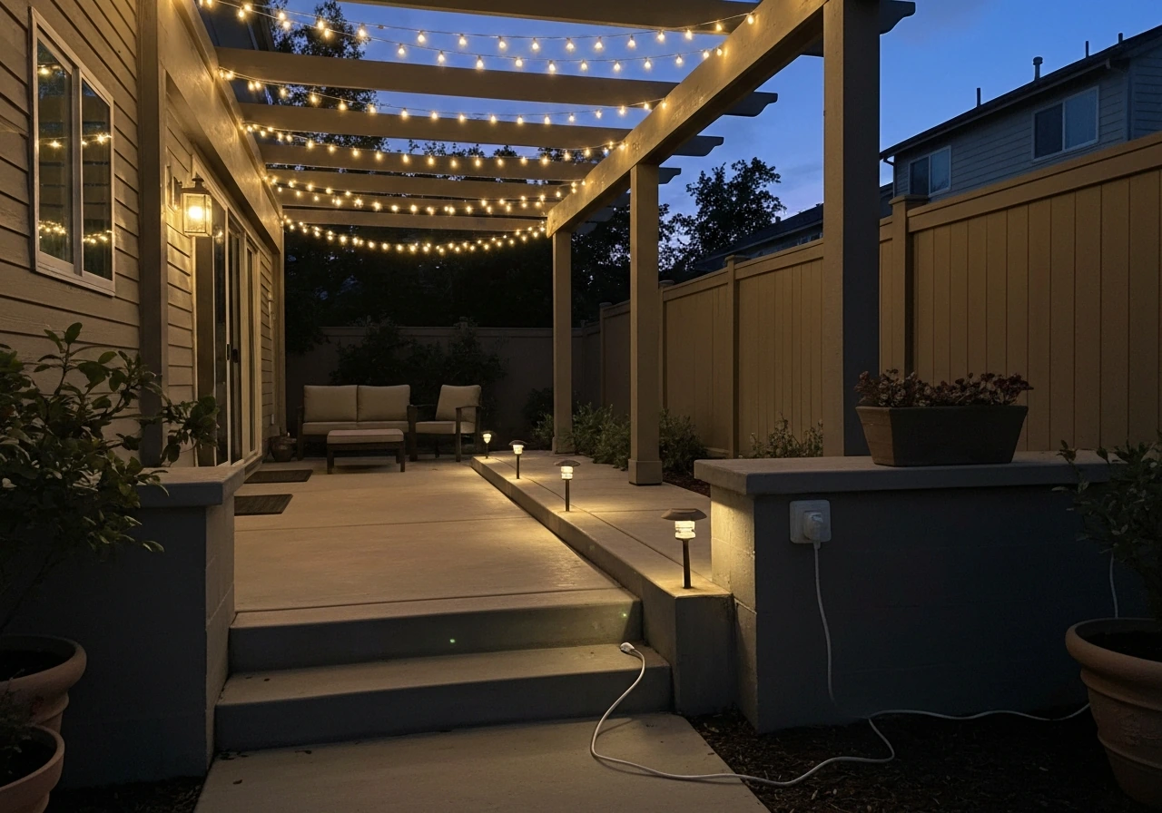 Warm string lights and step/path lights along a quiet patio near an outdoor power outlet